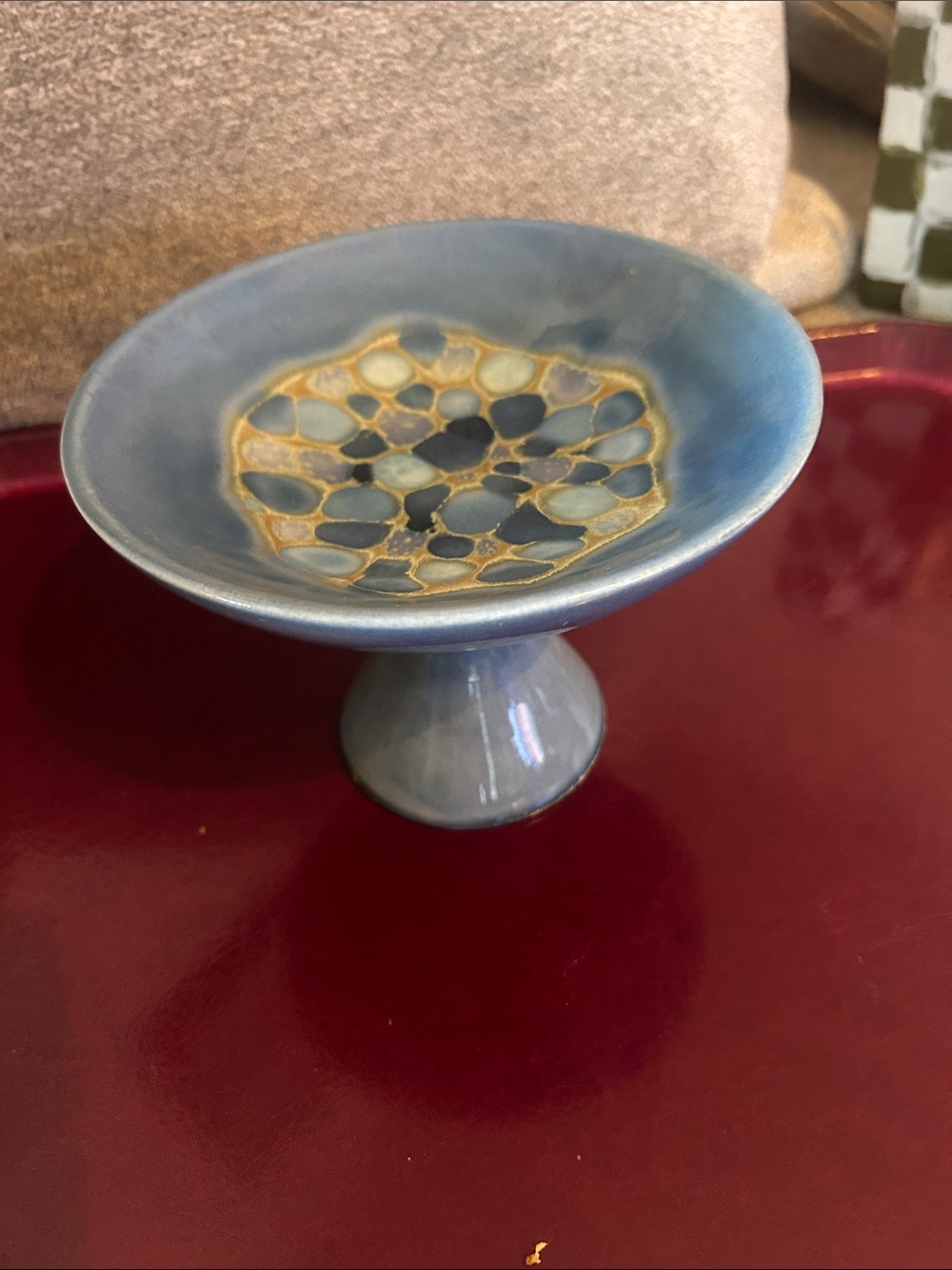 Madeline Blue Ceramic Pedestal Bowl with Gold Honeycomb Detail